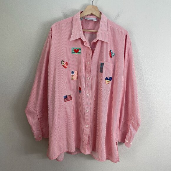 MiLi Designs Womens Plus 1X Button Up Shirt Heart Patches Red Striped Blouse Top - Picture 7 of 11